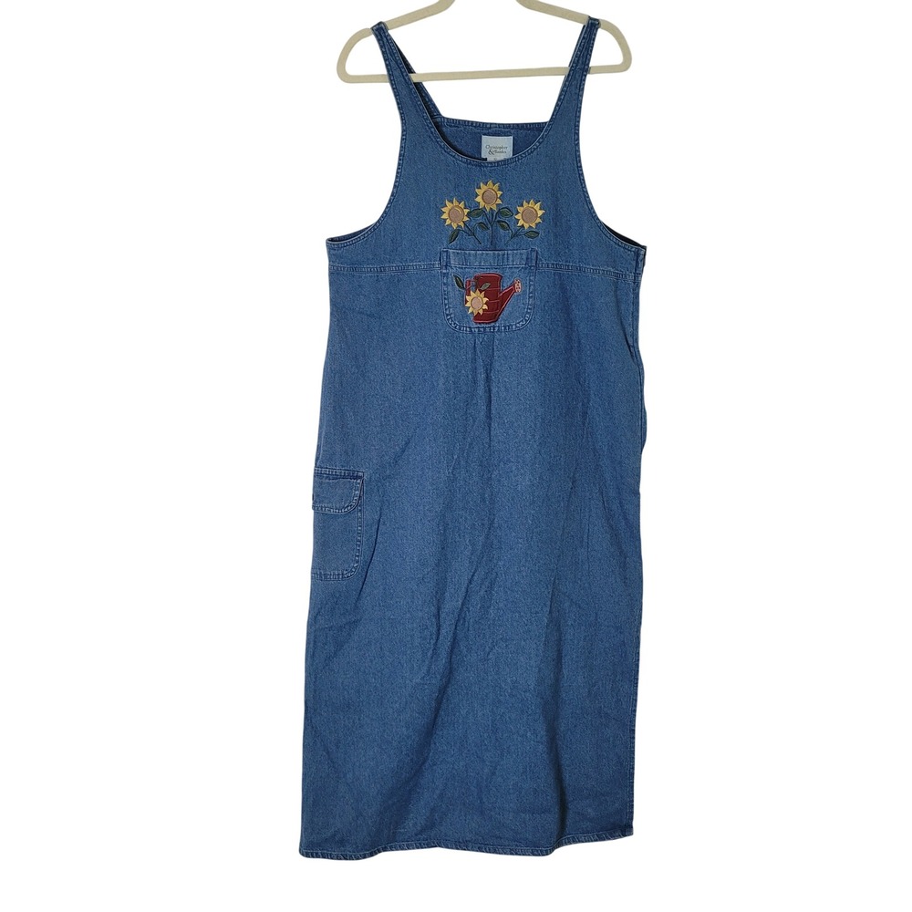 Christopher & Banks Denim Sunflower Embroidered Jumper Dress Blue Maxi Large